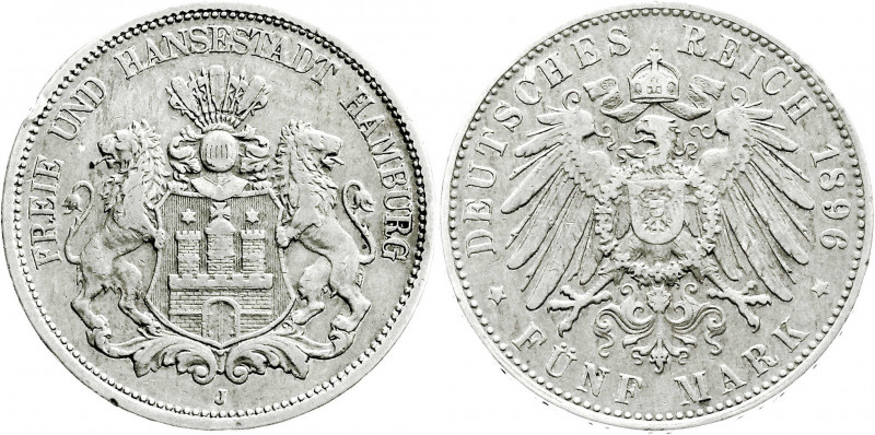 Reichssilbermünzen J. 19-178
Hamburg
5 Mark 1896 J. Seltenes Jahr.
sehr schön...