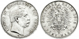 Reichssilbermünzen J. 19-178
Hessen
Ludwig III., 1848-1877
5 Mark 1875 H. sehr schön, kl. Randfehler. Jaeger 67. 