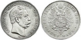 Reichssilbermünzen J. 19-178
Hessen
Ludwig III., 1848-1877
5 Mark 1876 H. vorzüglich, kl. Kratzer, feine Tönung. Jaeger 67. 