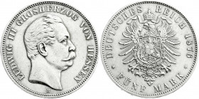 Reichssilbermünzen J. 19-178
Hessen
Ludwig III., 1848-1877
5 Mark 1876 H. vorzüglich, etwas berieben. Jaeger 67. 