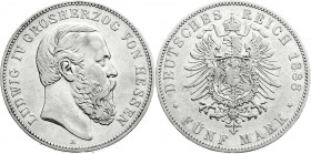 Reichssilbermünzen J. 19-178
Hessen
Ludwig IV., 1877-1892
5 Mark 1888 A. fast sehr schön. Jaeger 69. 