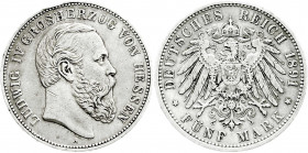 Reichssilbermünzen J. 19-178
Hessen
Ludwig IV., 1877-1892
5 Mark 1891 A. sehr schön, Randfehler und kl. Kratzer. Jaeger 71. 
