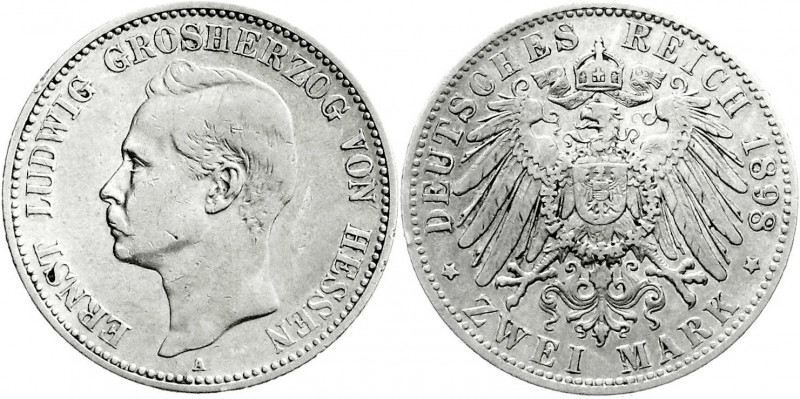 Reichssilbermünzen J. 19-178
Hessen
Ernst Ludwig, 1892-1918
2 Mark 1898 A. se...