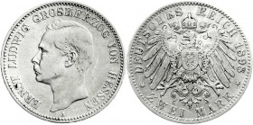 Reichssilbermünzen J. 19-178
Hessen
Ernst Ludwig, 1892-1918
2 Mark 1898 A. sehr schön, winz. Randfehler. Jaeger 72. 
