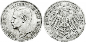 Reichssilbermünzen J. 19-178
Hessen
Ernst Ludwig, 1892-1918
5 Mark 1898 A. sehr schön, winz. Randfehler, leichte Patina. Jaeger 73. 