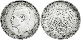 Reichssilbermünzen J. 19-178
Hessen
Ernst Ludwig, 1892-1918
5 Mark 1898 A. sehr schön, Randfehler, schöne Patina. Jaeger 73. 