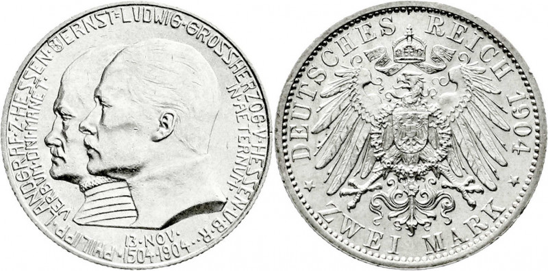 Reichssilbermünzen J. 19-178
Hessen
Ernst Ludwig, 1892-1918
2 Mark 1904. Zum ...