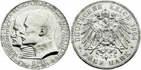 Reichssilbermünzen J. 19-178
Hessen
Ernst Ludwig, 1892-1918
5 Mark 1904. Zum 400. Geburtstag.
gutes vorzüglich, kl. Randfehler. Jaeger 75. 