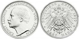 Reichssilbermünzen J. 19-178
Hessen
Ernst Ludwig, 1892-1918
3 Mark 1910 A. Polierte Platte, kl. Kratzer. Jaeger 76. 