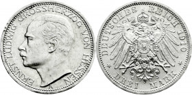 Reichssilbermünzen J. 19-178
Hessen
Ernst Ludwig, 1892-1918
3 Mark 1910 A. vorzüglich/Stempelglanz, Randfehler. Jaeger 76. 
