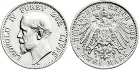 Reichssilbermünzen J. 19-178
Lippe
Leopold IV., 1904-1918
2 Mark 1906 A. gutes vorzüglich. Jaeger 78. 