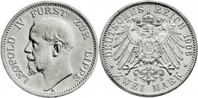 Reichssilbermünzen J. 19-178
Lippe
Leopold IV., 1904-1918
2 Mark 1906 A. gutes vorzüglich. Jaeger 78. 