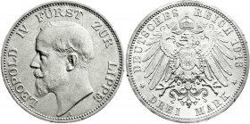 Reichssilbermünzen J. 19-178
Lippe
Leopold IV., 1904-1918
3 Mark 1913 A. vorzüglich/Stempelglanz, kl. Randfehler. Jaeger 79. 