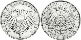 Reichssilbermünzen J. 19-178
Lübeck
2 Mark 1901 A. vorzüglich. Jaeger 80. 