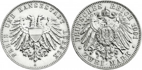 Reichssilbermünzen J. 19-178
Lübeck
2 Mark 1901 A. gutes vorzüglich. Jaeger 80. 
