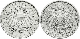 Reichssilbermünzen J. 19-178
Lübeck
2 Mark 1905 A. vorzüglich. Jaeger 81. 