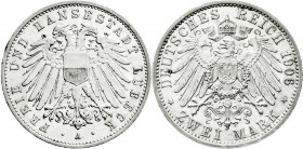 Reichssilbermünzen J. 19-178
Lübeck
2 Mark 1906 A. vorzüglich/Stempelglanz, kl. Randfehler. Jaeger 81. 