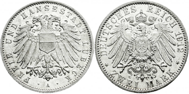 Reichssilbermünzen J. 19-178
Lübeck
2 Mark 1912 A. vorzüglich/Stempelglanz. Ja...