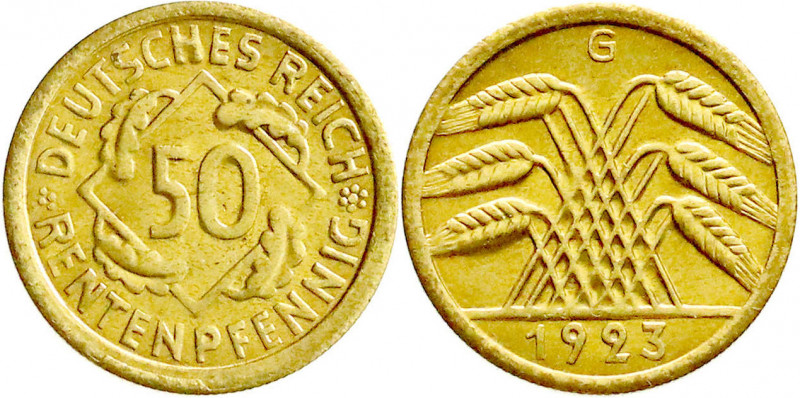 Weimarer Republik
Kursmünzen
50 Rentenpfennig, messingfarben 1923-1924
1923 G...