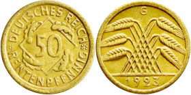 Weimarer Republik
Kursmünzen
50 Rentenpfennig, messingfarben 1923-1924
1923 G. fast Stempelglanz, Prachtexemplar. Jaeger 310. 