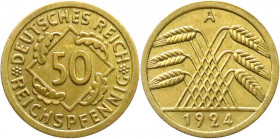 Weimarer Republik
Kursmünzen
50 Reichspfennig, messingfarben 1924-1925
1924 A. vorzüglich, selten. Jaeger 318. 