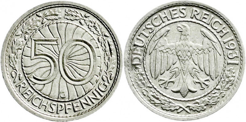 Weimarer Republik
Kursmünzen
50 Reichspfennig, Nickel 1927-1938
1931 G. sehr ...