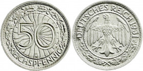 Weimarer Republik
Kursmünzen
50 Reichspfennig, Nickel 1927-1938
1931 G. sehr schön, selten. Jaeger 324. 