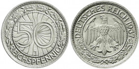 Weimarer Republik
Kursmünzen
50 Reichspfennig, Nickel 1927-1938
1937 J. fast Stempelglanz, Prachtexemplar, selten. Jaeger 324. 