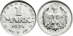 Weimarer Republik
Kursmünzen
1 Mark, Silber, 1924-1925
1924 F. Interessante, starke Lichtenrader-Prägung.
fast Stempelglanz, Prachtexemplar. Jaege...