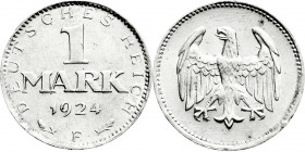 Weimarer Republik
Kursmünzen
1 Mark, Silber, 1924-1925
1924 F. fast Stempelglanz, Prachtexemplar. Jaeger 311. 