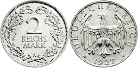 Weimarer Republik
Kursmünzen
2 Reichsmark, Silber 1925-1931
1927 A. fast Stempelglanz, winz. Randfehler. Jaeger 320. 