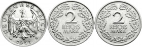 Weimarer Republik
Kursmünzen
2 Reichsmark, Silber 1925-1931
3 Stück: 1931 D,G,J. sehr schön bis vorzüglich. Jaeger 320. 