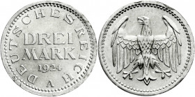 Weimarer Republik
Kursmünzen
3 Mark, Silber 1924-1925
1924 A. fast Stempelglanz, kl. Randfehler. Jaeger 312. 