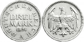 Weimarer Republik
Kursmünzen
3 Mark, Silber 1924-1925
1924 A. fast Stempelglanz, kl. Randfehler. Jaeger 312. 