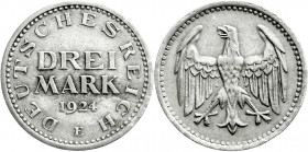 Weimarer Republik
Kursmünzen
3 Mark, Silber 1924-1925
1924 E. gutes sehr schön, übl. prägebed. Randunebenheiten. Jaeger 312. 