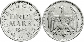 Weimarer Republik
Kursmünzen
3 Mark, Silber 1924-1925
1924 G. sehr schön/vorzüglich, kl. Randfehler. Jaeger 312. 