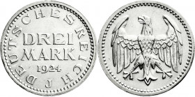 Weimarer Republik
Kursmünzen
3 Mark, Silber 1924-1925
1924 J. fast Stempelglanz. Jaeger 312. 