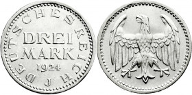 Weimarer Republik
Kursmünzen
3 Mark, Silber 1924-1925
1924 J. fast Stempelglanz, winz. Kratzer. Jaeger 312. 