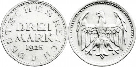 Weimarer Republik
Kursmünzen
3 Mark, Silber 1924-1925
1925 D. vorzüglich, selten. Jaeger 312. 