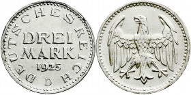 Weimarer Republik
Kursmünzen
3 Mark, Silber 1924-1925
1925 D. prägefrisch. Jaeger 312. 