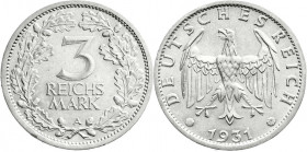 Weimarer Republik
Kursmünzen
3 Reichsmark, Silber 1931-1933
1931 A. vorzüglich/Stempelglanz, kl. Randfehler. Jaeger 349. 