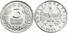 Weimarer Republik
Kursmünzen
3 Reichsmark, Silber 1931-1933
1931 A. vorzüglich. Jaeger 349. 