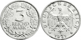 Weimarer Republik
Kursmünzen
3 Reichsmark, Silber 1931-1933
1931 G. vorzüglich/Stempelglanz. Jaeger 349. 