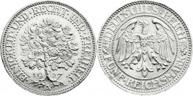 Weimarer Republik
Kursmünzen
5 Reichsmark Eichbaum Silber 1927-1933
1927 A. vorzüglich/Stempelglanz, kl. Randfehler, feine Tönung. Jaeger 331. 