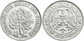 Weimarer Republik
Kursmünzen
5 Reichsmark Eichbaum Silber 1927-1933
1930 G. sehr schön/vorzüglich, sehr selten. Jaeger 331. 