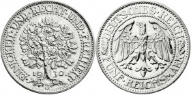 Weimarer Republik
Kursmünzen
5 Reichsmark Eichbaum Silber 1927-1933
1930 J. vorzüglich, berieben. Jaeger 331. 