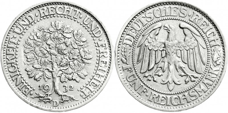 Weimarer Republik
Kursmünzen
5 Reichsmark Eichbaum Silber 1927-1933
1932 D. v...