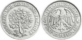 Weimarer Republik
Kursmünzen
5 Reichsmark Eichbaum Silber 1927-1933
1932 D. vorzüglich, kl. Randfehler. Jaeger 331. 