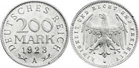 Weimarer Republik
Kursmünzen
200 Mark, Aluminium 1923
1923 A. Polierte Platte, min. berührt, selten. Jaeger 304. 