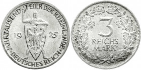 Weimarer Republik
Gedenkmünzen
3 Reichsmark Rheinlande
1925 A. fast Stempelglanz, Prachtexemplar. Jaeger 321. 